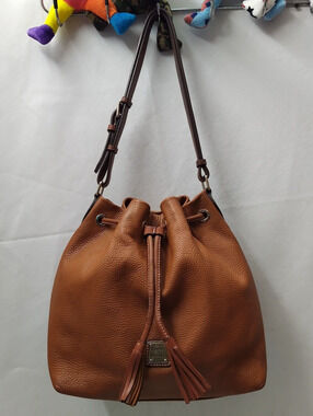 Dooney & Bourke Brown Pebbled Leather Drawstring Bucket Shoulder Bag
